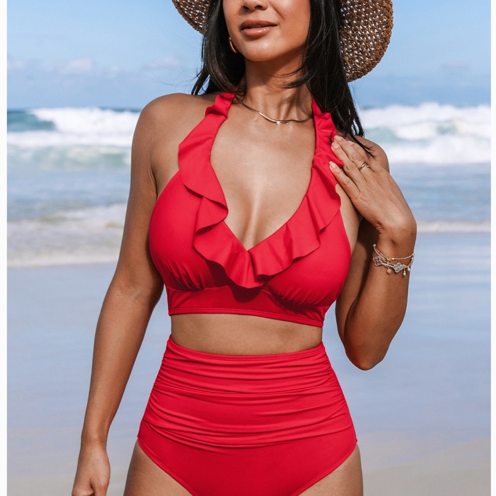 Red Ruffled Bikini Set - Cupshe - high waisted sculpt and slim bottom